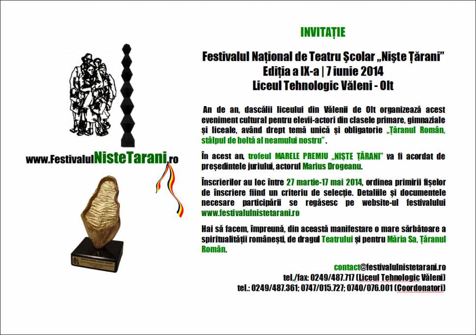 Inscrieri la Festivalul National de Teatru Scolar ”Niste Tarani”