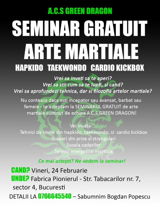 Seminar Gratuit Arte Martiale - Taekwondo, Hapkdio, Cardio Kickbox