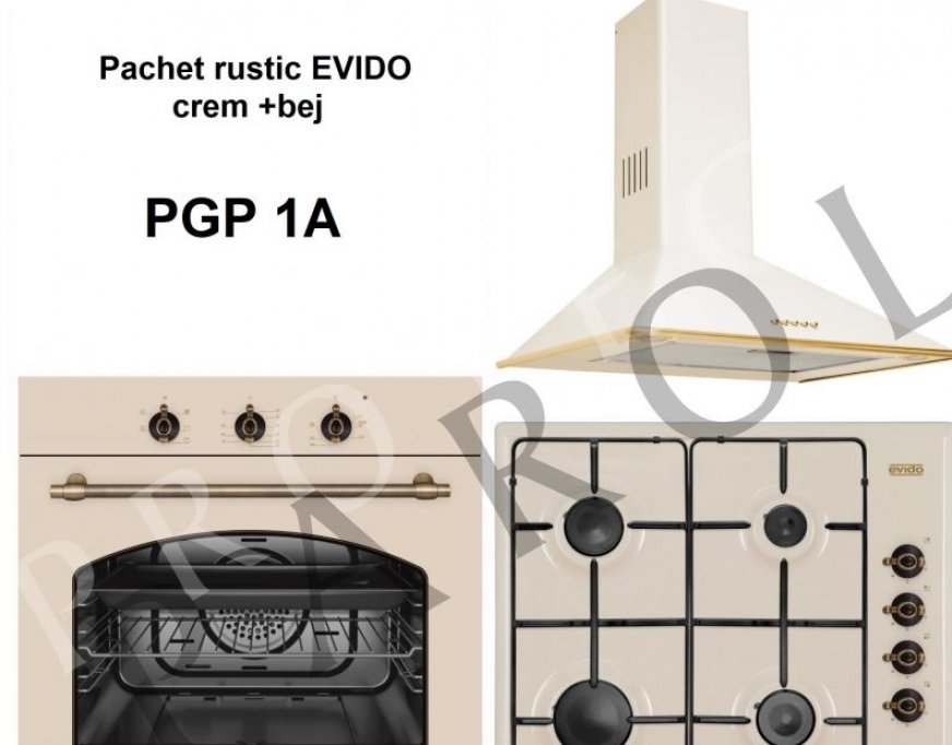 Pachet EVODO (hota, plita, cuptor) electrocasnice rustice crem + bej rustic