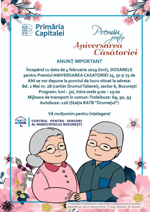 DOSARELE pentru Premiul ANIVERSAREA CĂSĂTORIEI 25, 50 și 75 de ANI se vor depune la punctul de lucru al CSMB din Dr. Taberei